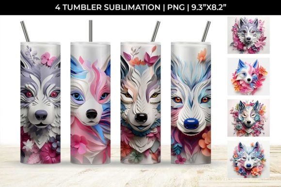 3D Floral Fantasy Husky Tumbler Wrap PNG Design