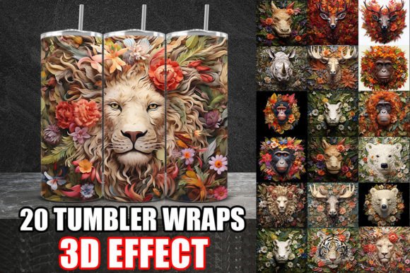 3D Floral Wild Animals Tumbler Wrap: Design Asset